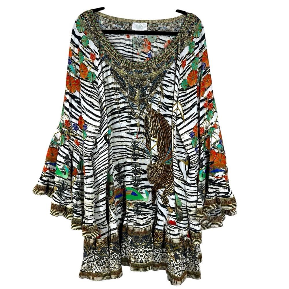 Camilla Cosmic Conflict A Line Frill Dress 100% Silk Colorful Vacation Resort L
